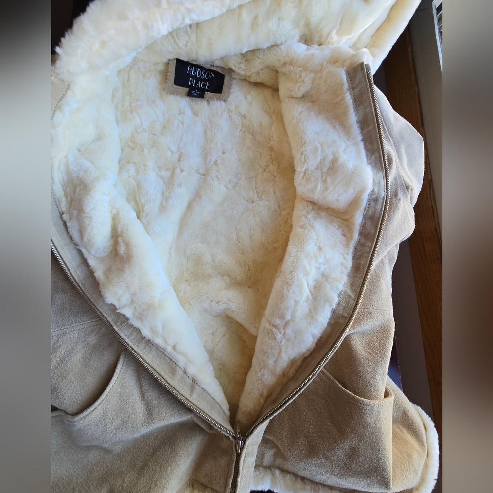 Hudson Place Genuine Suede Leather Hooded Shearling Jacket Tan Large - Picture 9 of 9